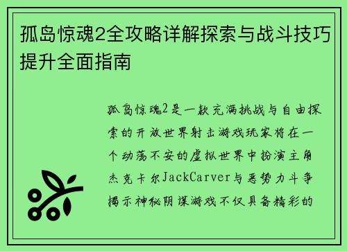 孤岛惊魂2全攻略详解探索与战斗技巧提升全面指南